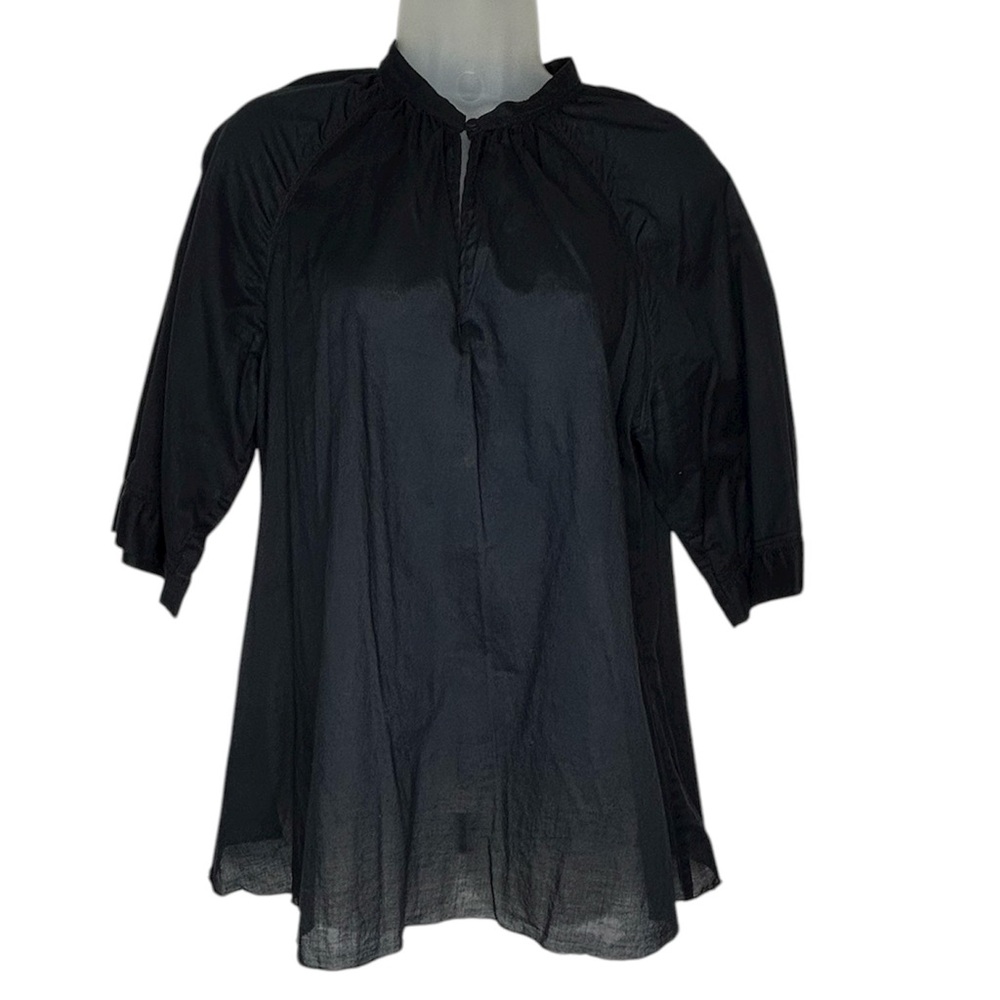 LUCKY BRAND Women Sz L Black Cotton Button Hole Neck 3/4 Sleeve Lightweight Top.